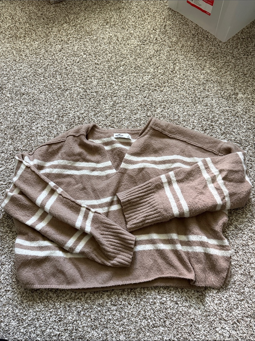 Hollister Taupe & Cream Striped V-Neck Sweater
